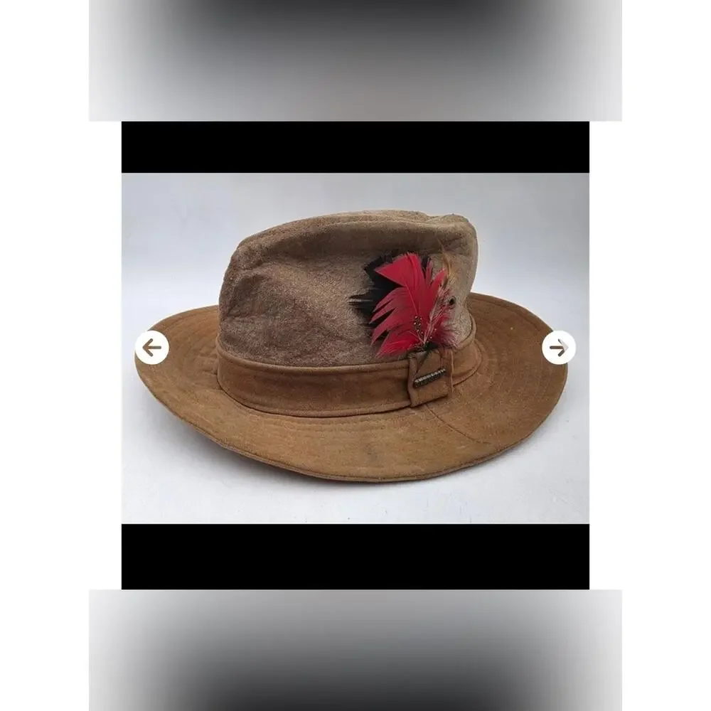 Stetson Brown Suede Fedora Hat Red Feather Accent Large USA Made